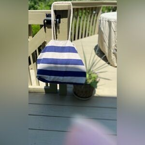 NWT LAND FREE - Unisex large cream/navy striped canvas tote, 17”W x 14”H x 8”D